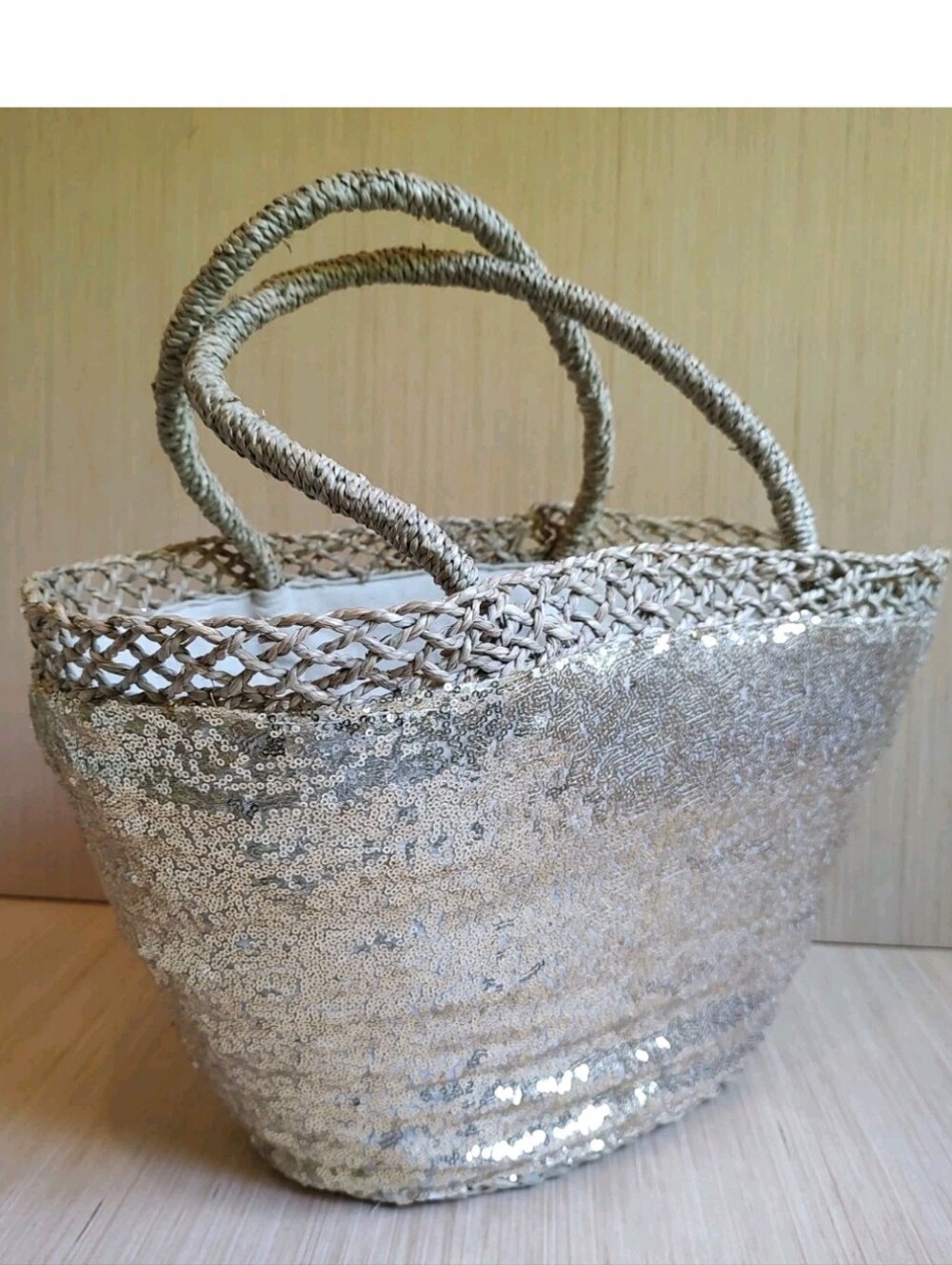 Venus Straw Sequins Basket Bucket Bag Shoulder Handbag Gold Beige Lined Zip